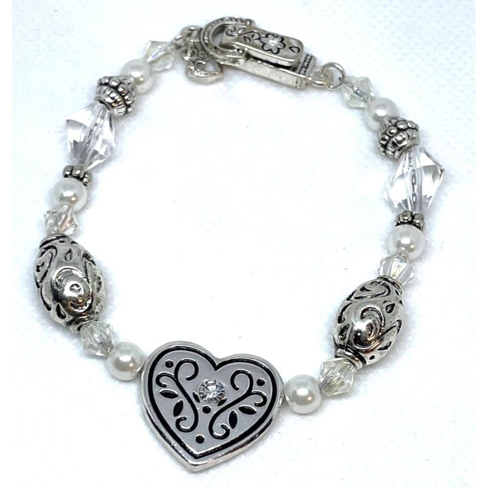 Mother Crystal Pearls Beaded Engraved Heart Charm Bangle Bracelet 7.5 Inches